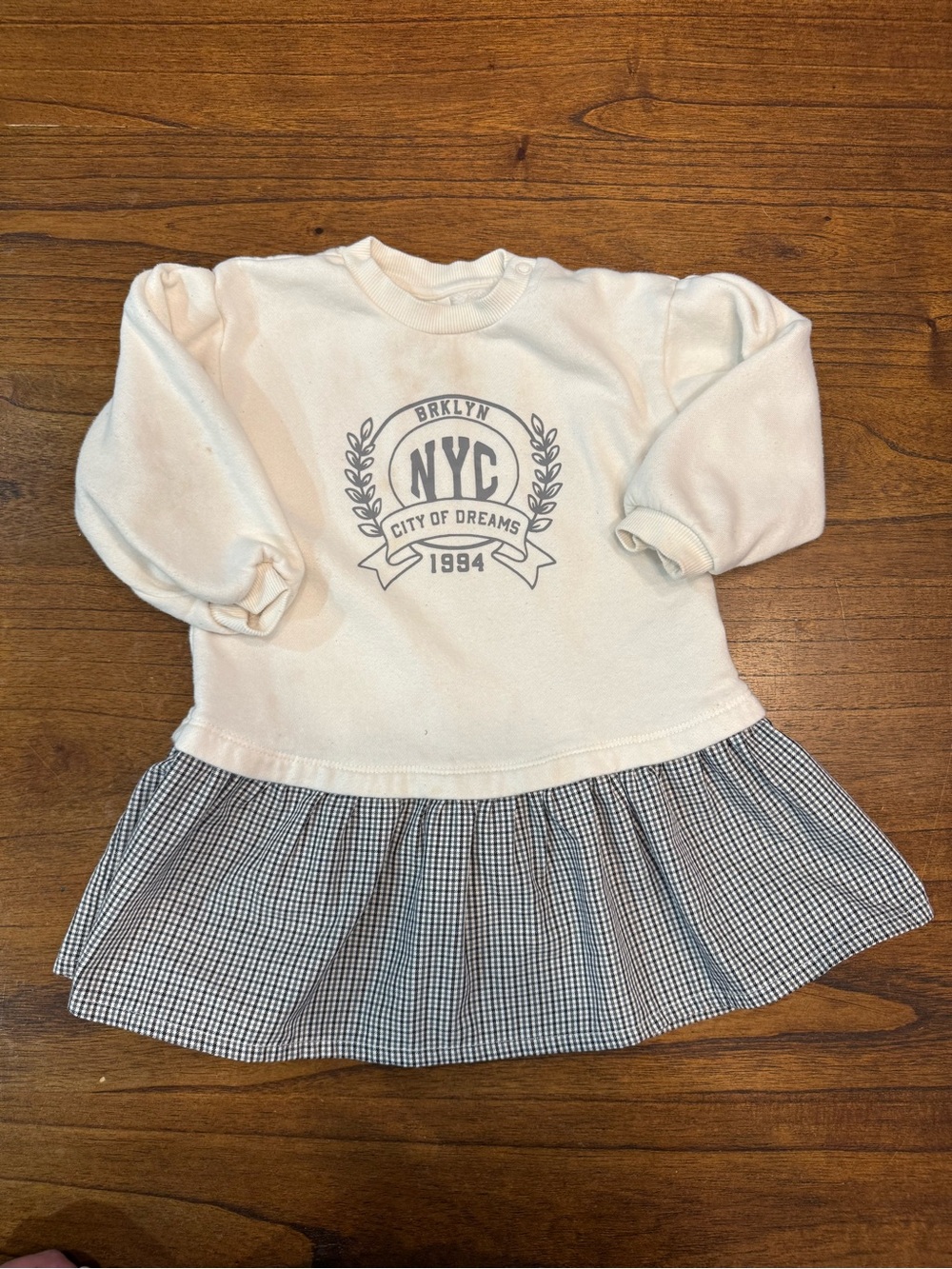 NYC Graphic Sweatshirt Dress in Cream with Black Gingham Skirt - Tswift vibes!